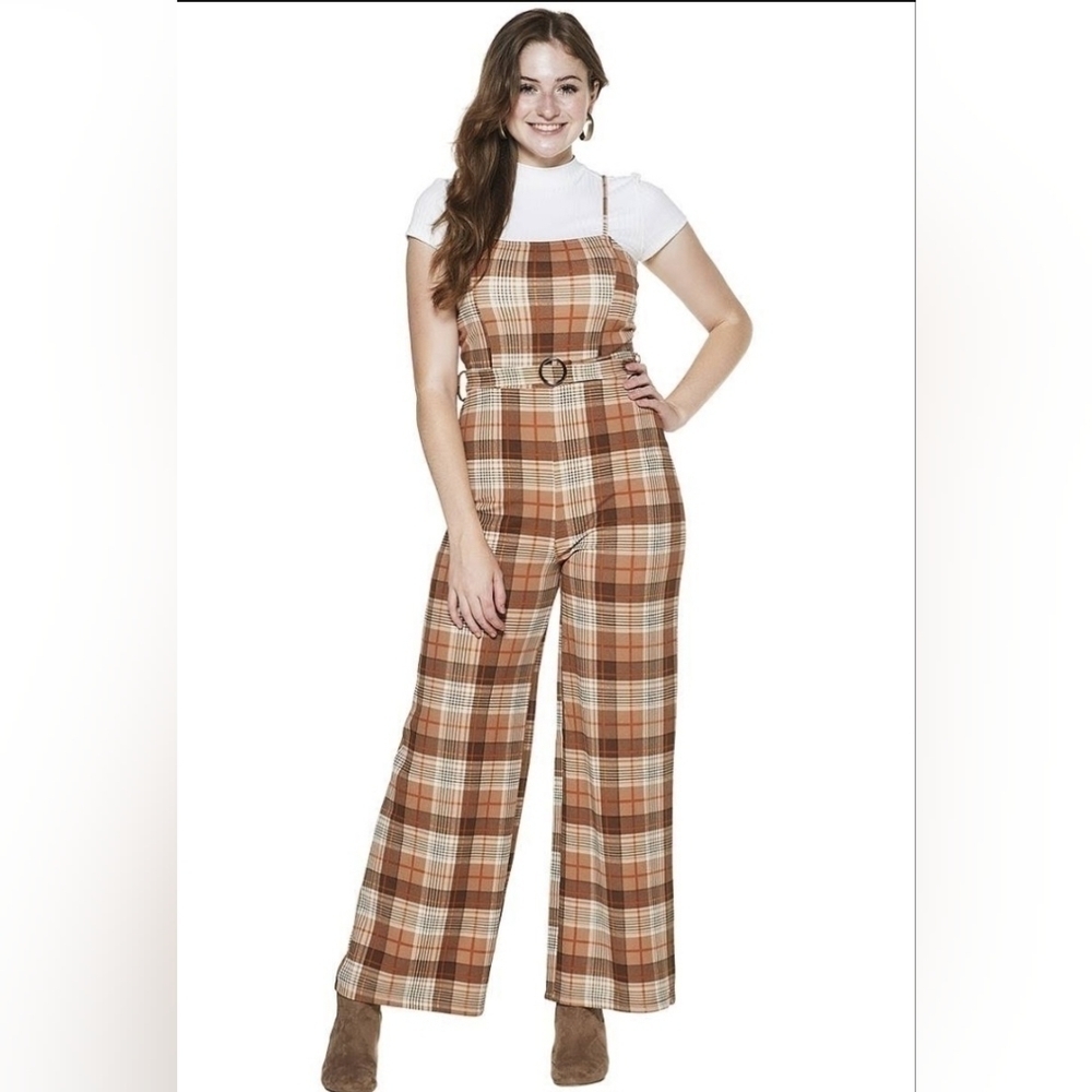 ALMOST FAMOUS pantsuit in a brown orange tartan pattern. Size is Large.